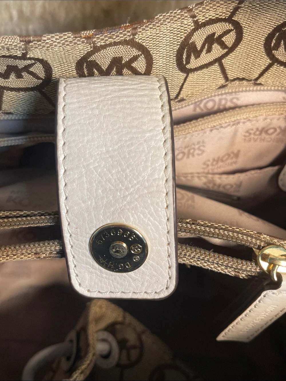 Michael Kors Beige Signature Drawstring Shoulder Bag with White Trim